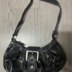 Black Glossy Shoulder Bag with Silver Buckle